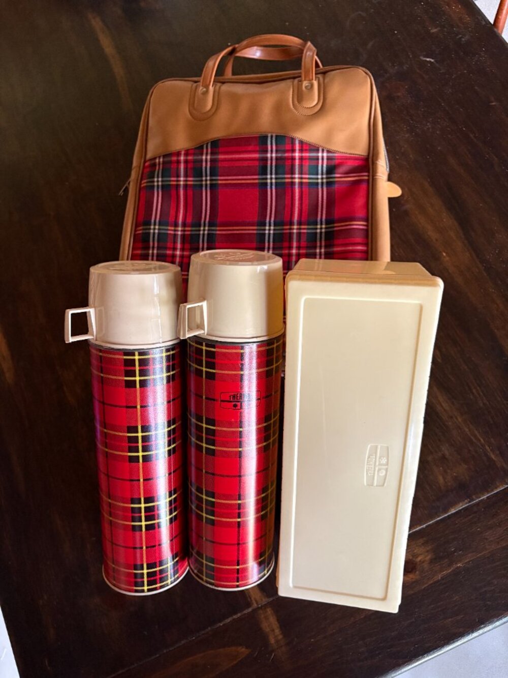 Vintage 1970s Thermos Brand Red Plaid Picnic Set – Complete 4-Piece Kit